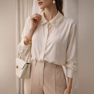 Vintage JAC Dale White Blouse with Embroidered Lace Collar | Class | Size M-L